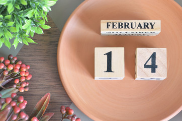 February 14, month design with flower and earthenware.