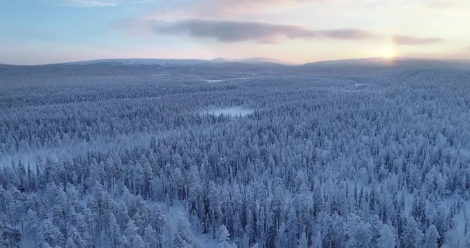 Drone aerial view of a sunrise over vast boreal forest at winter morning with mountains in the background in finland. 4K footage