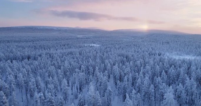 Drone aerial view of a sunrise over vast boreal forest at winter morning with fells in the background in finland. 4K footage
