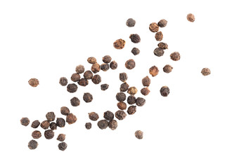 A bunch of peppercorns black pepper spices on white isolated background. Indian cuisine, ayurveda, naturopathy concept
