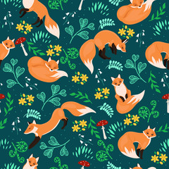 Fox pattern in the summer forest. Vector graphics.