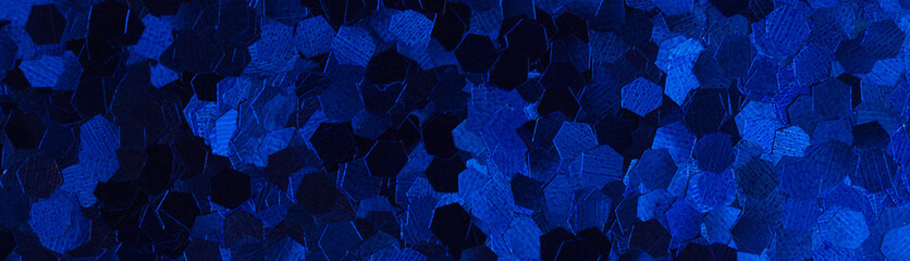 Classic blue glitter background, copy space. Long banner