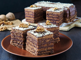 Layered chocolate cake squares with chocolate cream filling and walnuts