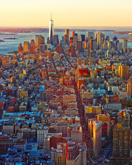 Panele Szklane  Panoramiczny widok z lotu ptaka do centrum Manhattanu i dolnego Manhattanu w Nowym Jorku, USA. Skyline z drapaczami chmur. Miasto New Jersey. Budynek architektury amerykańskiej. Panorama Metropolii Nowego Jorku
