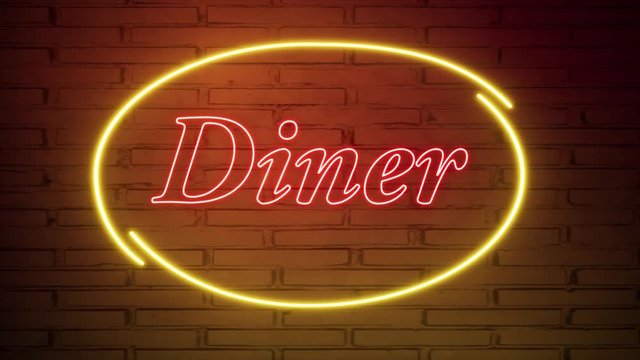 Diner neon sign on the brick wall.. Retro light sign. Food background. American food. Dark background. Black friday background. Pink background. Night club neon sign. 4k