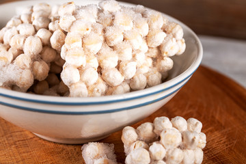 Frozen chickpeas in bowl.