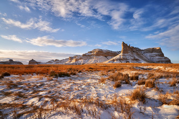 Winter scenery of mountain, snow and plants
