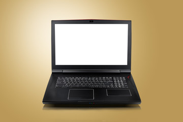 Front view of Gaming laptop on golden yellow background. Laptop designed for gamers or professional players or 3d rendering