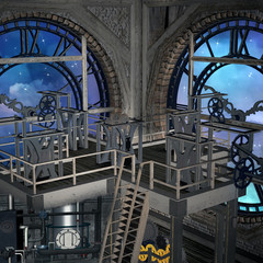 Steampunk laboratory inside a clock tower with a view to the blue night