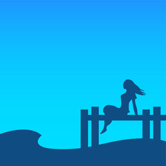 Silhouette of a young woman on the evening sea beach. A girl is sitting on the edge of a wooden pier. Below the waves sway. Vector illustration.