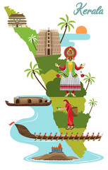 tourism and traditional culture with kerala map vector - obrazy, fototapety, plakaty