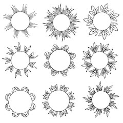 Nine round frames with decorative elements. Isolated wreaths on white background for your design