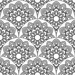 Abstract mandala fish scale seamless pattern. Ornamental tile, mosaic background. Floral patchwork infinity card. Arabic, Indian, ottoman motifs. Vector illustration.  