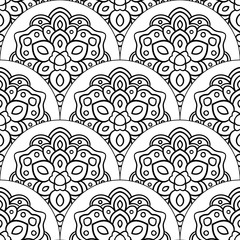 Abstract mandala fish scale seamless pattern. Ornamental tile, mosaic background. Floral patchwork infinity card. Arabic, Indian, ottoman motifs. Vector illustration.  