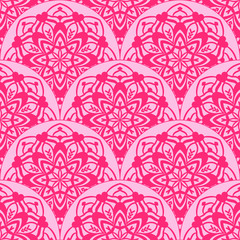 Abstract mandala fish scale seamless pattern. Ornamental tile, mosaic background. Floral patchwork infinity card. Arabic, Indian, ottoman motifs. Vector illustration.   © _aine_