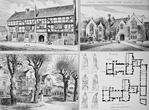 George Inn House, Great Chalfield House with plans in a vintage book Old English Houses by Maurice Adams, 1888, London