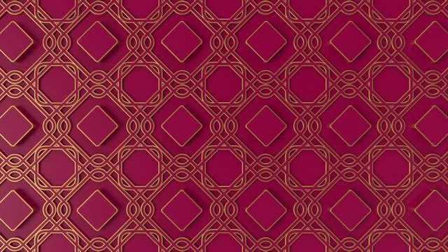 Arabesque looping geometric pattern. Gold and red islamic 3d motif. Arabic oriental animated background. Muslim moving wallpaper.