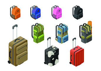 Vector isometric set of baggage items, school and touristic backpacks, suitcase