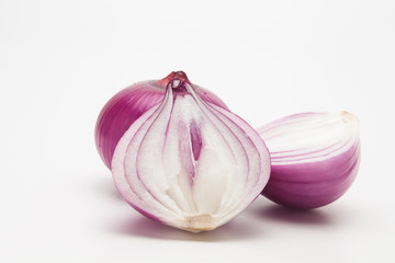 Many sliced onion isolated on white background