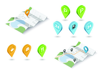 Vector isometric illustration of map with geo tag pin icons. Travel location sign 