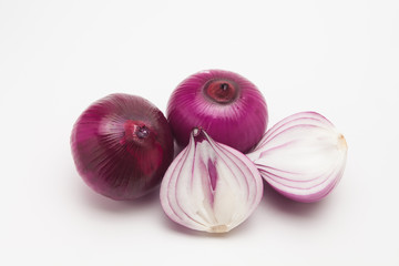 Many sliced onion isolated on white background