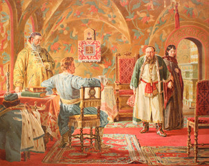 Obraz premium Man with wondering looks at old man and girl in the Impostor and Xenia by Nevrev in a vintage book gallery of Russian Painters, 1891, St. Petersburg