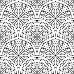 Abstract mandala fish scale seamless pattern. Ornamental tile, mosaic background. Floral patchwork infinity card. Arabic, Indian, ottoman motifs. Vector illustration.   © _aine_