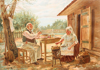 Old man and woman sitting outside and preparing berries for cooking in Jam Cooking by Makovskiy in a vintage book gallery of Russian Painters, 1891, St. Petersburg