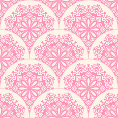 Abstract mandala fish scale seamless pattern. Ornamental tile, mosaic background. Floral patchwork infinity card. Arabic, Indian, ottoman motifs. Vector illustration.   © _aine_