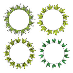 Four round frames with green grass and leaves. Isolated wreaths on white background for your design
