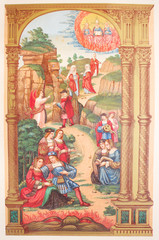 Men and women talking. Angel and other saints. In a vintage book Les Evangiles, edited by Curmet, 1863, Paris