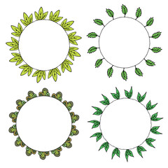 Four round frames with plant elements and green leaves. Isolated wreaths on white background for your design