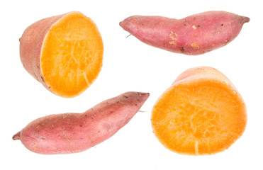 whole and halved ripe sweet potato tubers cutout