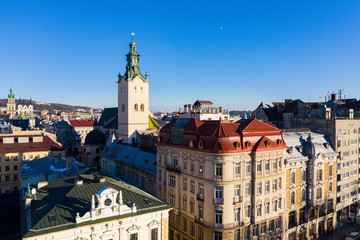 Fototapeta na wymiar View on Latin Cathedral in Lviv, Ukraine from drone