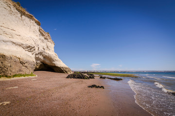 Landscape view of rocks on the beach against sea in Puerto Madryn, Patagonia, Argentina