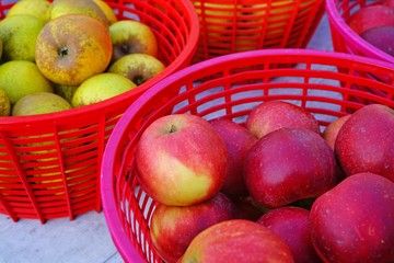 Baskets of fresh apples at a farmers market