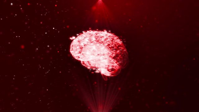 Model of the human brain. Rotates 360 degrees. 3D rendering. Animated red background. AI concept. Graphic design 3d animation of the human brain.