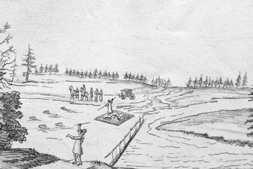 Man is trying to pass the river on a raft in the old book Sketch