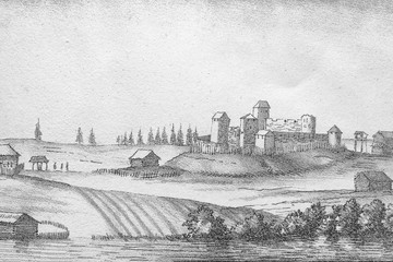 Landscape of forest and fortress in the old book Sketches made a