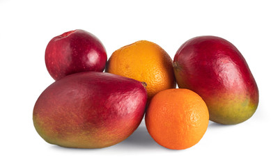 Fototapeta na wymiar A bunch of ripe fruit. Mango, orange, mandarin and apple isolated on white background.