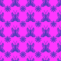pink seamless pattern with blue butterfly dragonfly. Endless print with different insects and flowers for wrapping paper, fabric print, web page backdrop, car