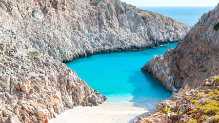 Seitan limania or Agiou Stefanou, the heavenly beach with turquoise water. Chania, Akrotiri, Crete