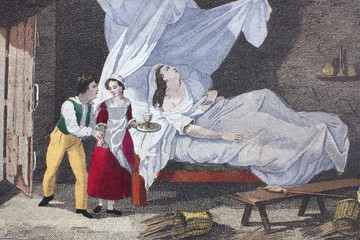 Servants come to help to a sick woman, who lying on the bed in a