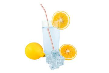 Satakan with water and lemons on a white background.
