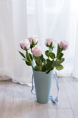 Beautiful bouquet of pink roses in a gift blue box on the floor near the window and curtains