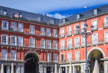 Historical buildings located on Main Square in Madrid city, Spain