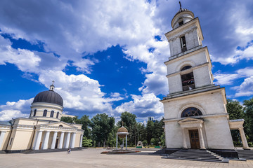 Christs Nativity Orthodox cathedral and bell tower located in Cathedral Park in Chisinau city, Moldova