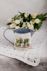 Bouquet of white tulips with lilac