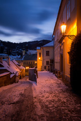 Old city in Banska Stiavnica at night. Street in the historical city centre of Banska Stiavnica in central Slovakia.