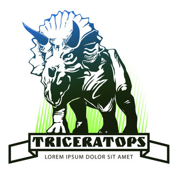 Triceratops dynosaur in emblem template. Color tint drawing